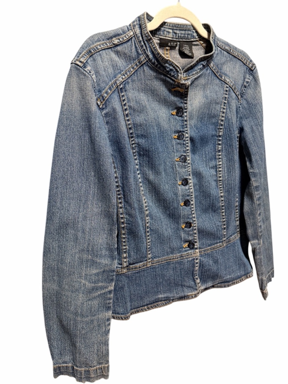 a.n.a Stretch Denim Peplum Jacket Large – Stretch Fitted Button Front
